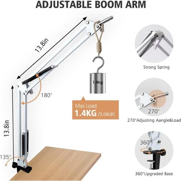 For HyperX QuadCast S White Boom Arm - White Mic Arm Compatible with Hyper x - Picture 4 of 8